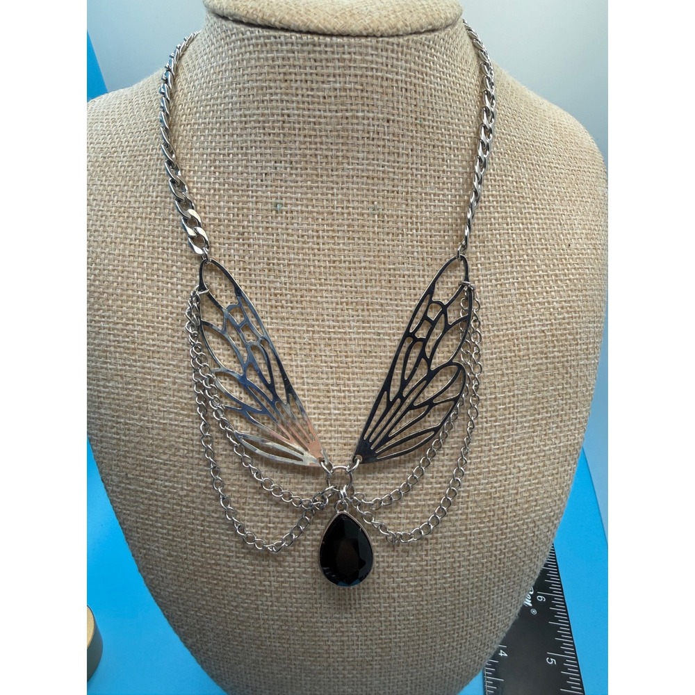 Silver Fairy Wing Statement Necklace Black Goth‎ Whimsical Filigree Chain